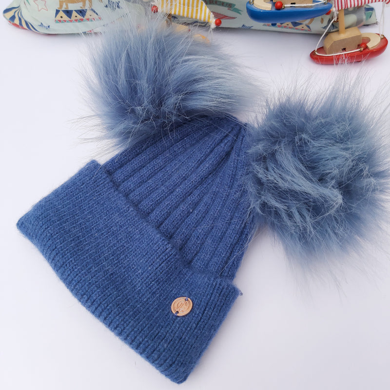 Denim Blue Cashmere Double Pom Pom Beanie Hat with Blue Poms