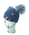 Adult Denim Blue Cashmere Double Pom Pom Beanie Hat with Blue Poms