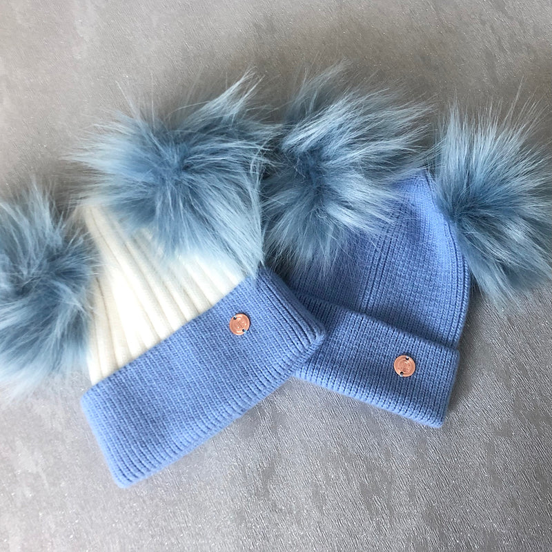 Mummy & Me matching Baby Blue and White Cashmere Pom Pom Hats