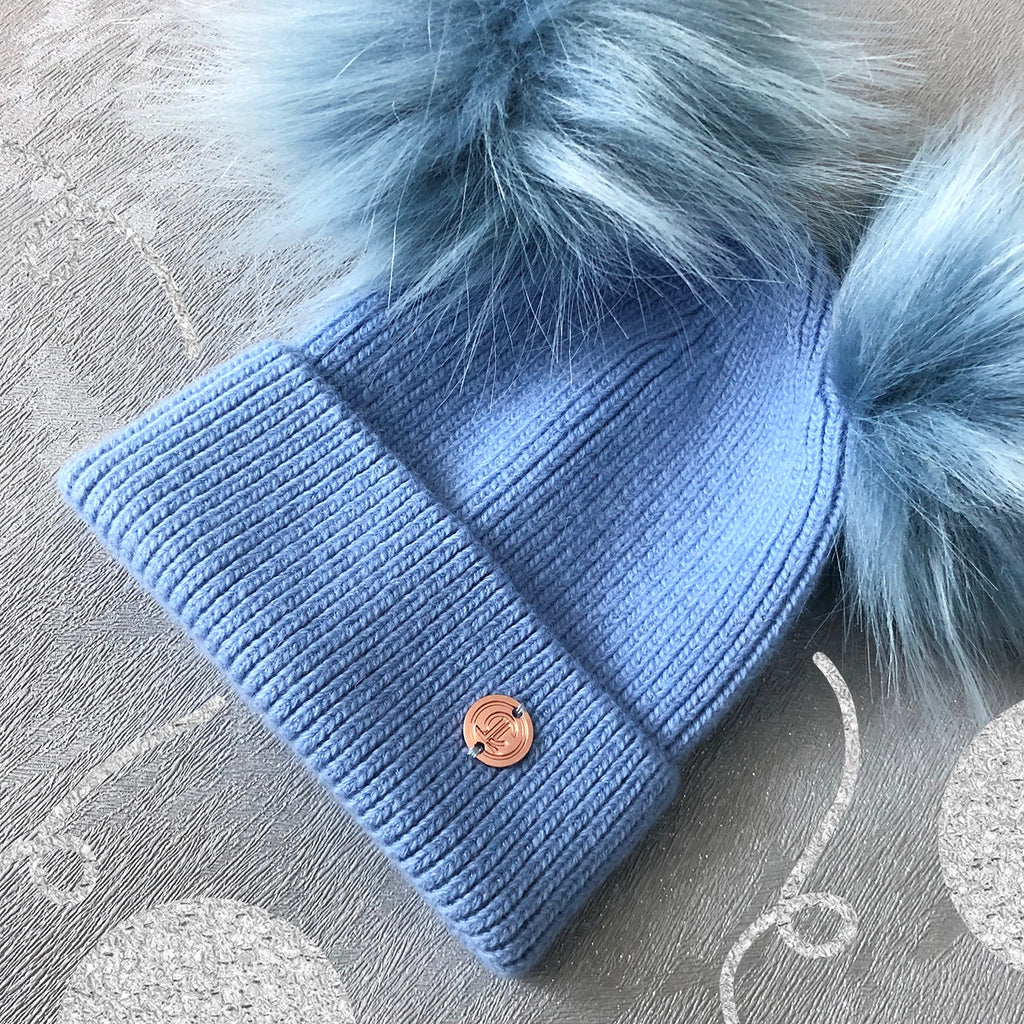 Newborn Baby Blue Cashmere Double Pom Pom Beanie Hat