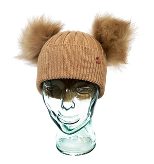 Adult Camel Luxe Cashmere Double Pom Pom Beanie Hat