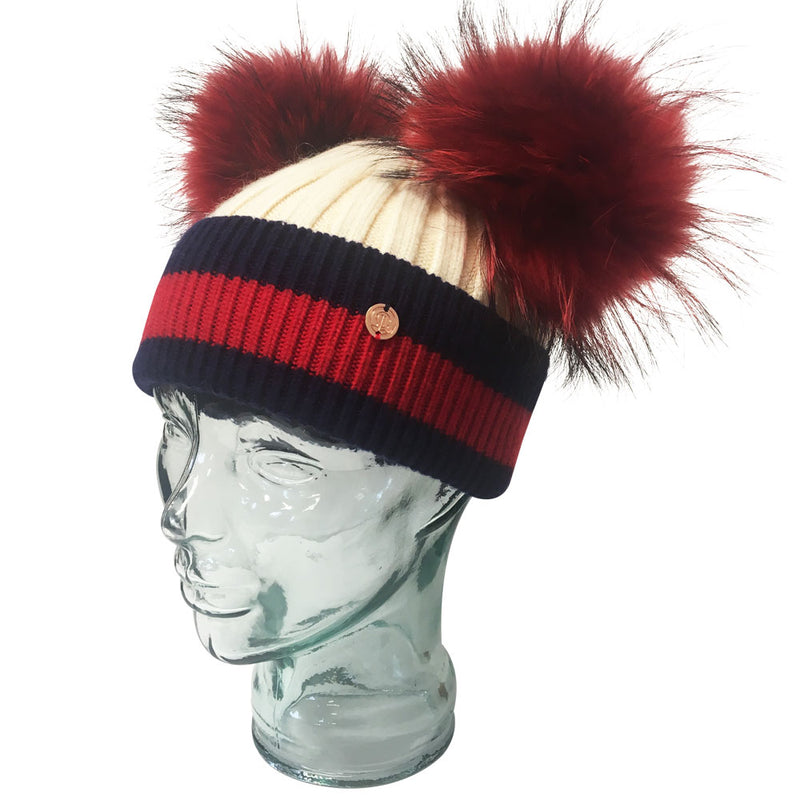'Say It With Stripes' Cream & Red Cashmere Double Pom Pom Beanie Hat