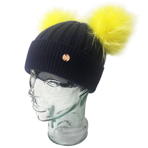 Adult Black & Natural Cashmere Double Pom Pom Beanie Hat