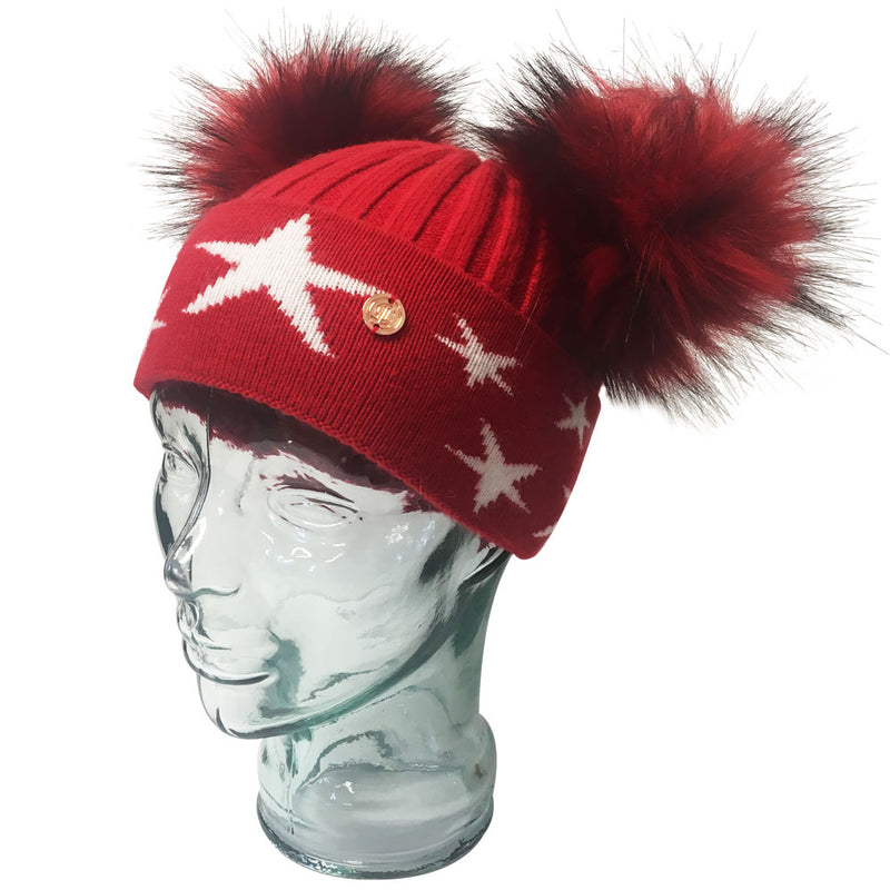 'Stars' Red Cashmere Double Pom Pom Beanie Hat