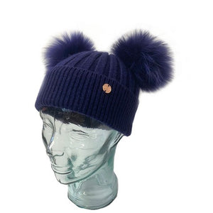 Adult Navy Cashmere Double Pom Pom Beanie Hat