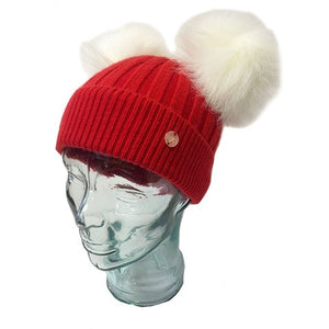 Red & Natural Cashmere Double Pom Pom Beanie Hat