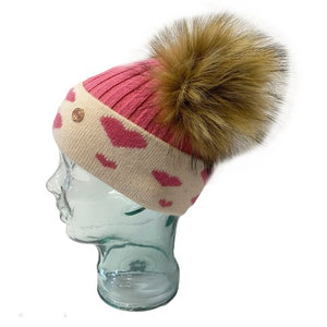 'In Love With LLC' Strawberry Pink Hearts Cashmere Double Pom Pom Beanie Hat